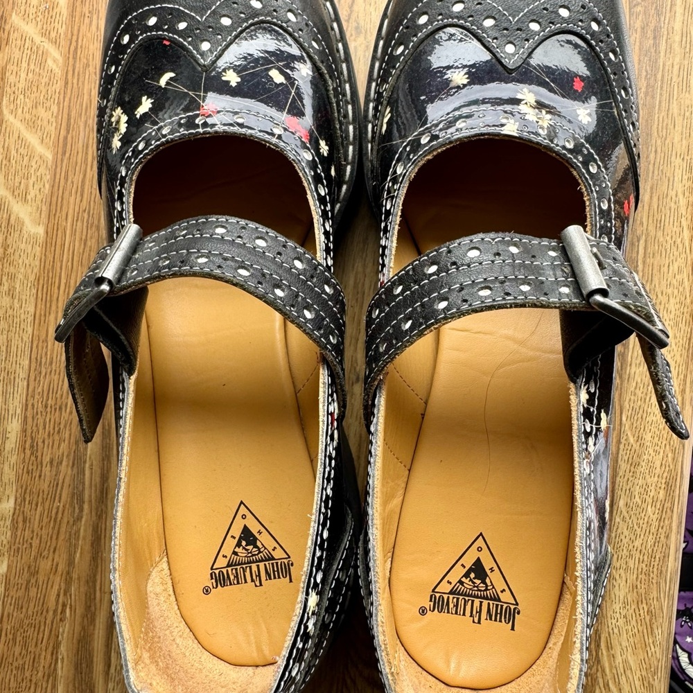 John Fluevog Akira Black/Floral Mary Jane platforms